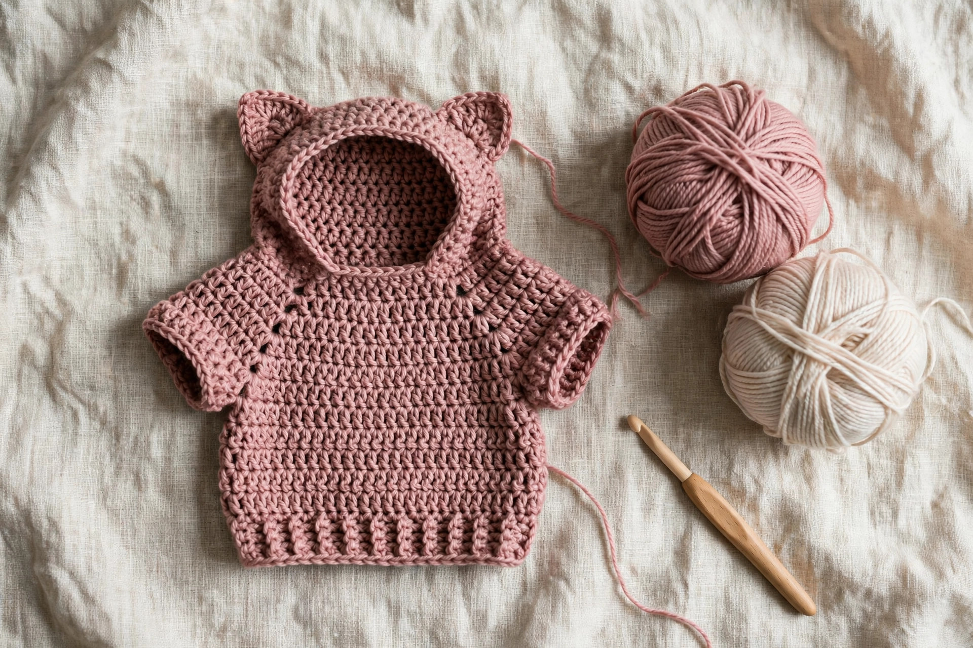 Finished crochet cat sweater in dusty rose laid flat with balls of soft yarn and a wooden crochet hook — free crochet cat sweater pattern