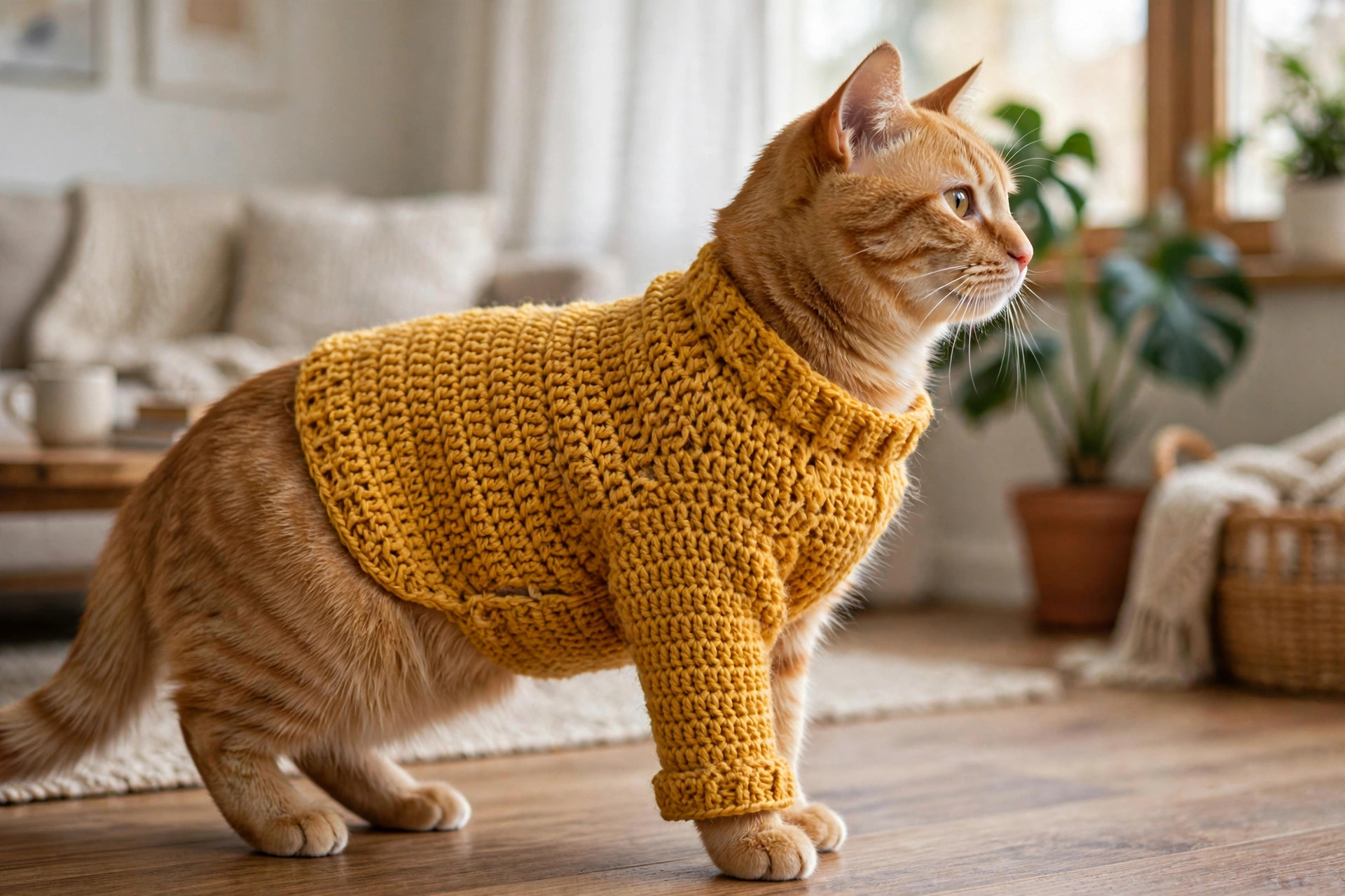 Side view of a ginger cat standing in profile wearing a mustard yellow crochet sweater, showing the body fit and front leg opening — free crochet cat sweater pattern