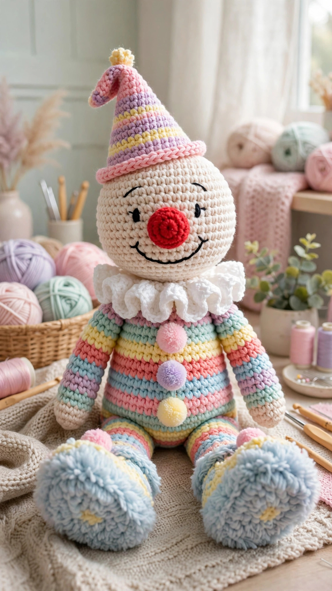 Cute amigurumi doll made from a free crochet clown pattern with striped body, party hat and pom-pom buttons