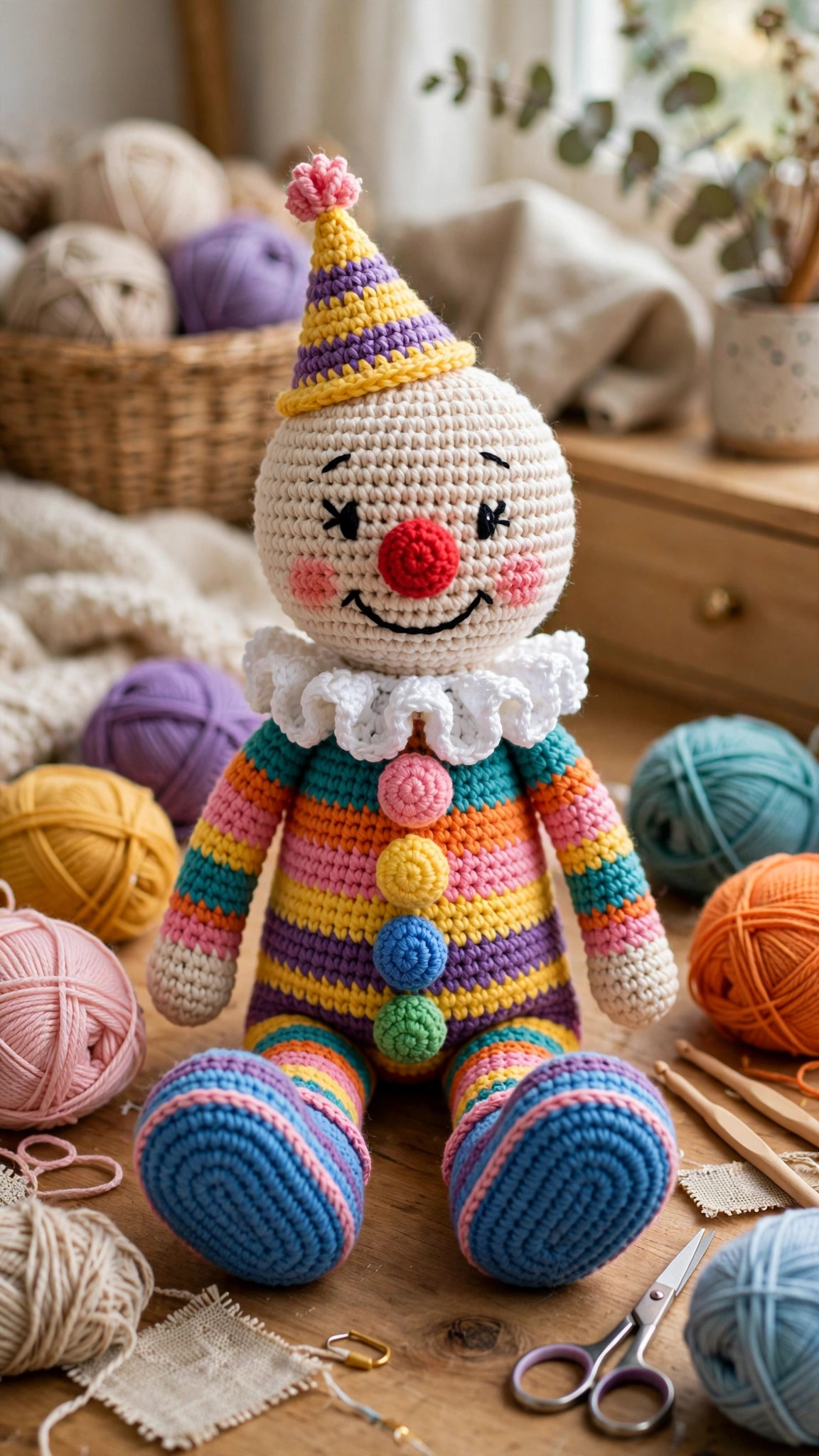 Crochet clown doll sitting with colourful yarn balls showing the striped body and party hat from this free crochet clown pattern