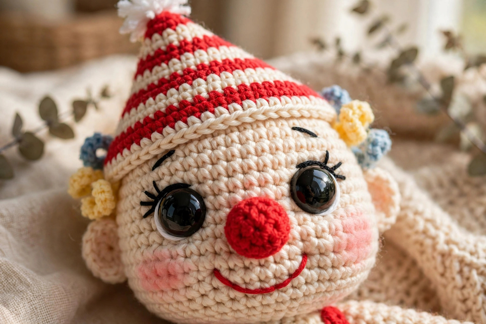 Close-up of a crochet clown doll face with embroidered smile and red yarn nose from this free crochet clown pattern