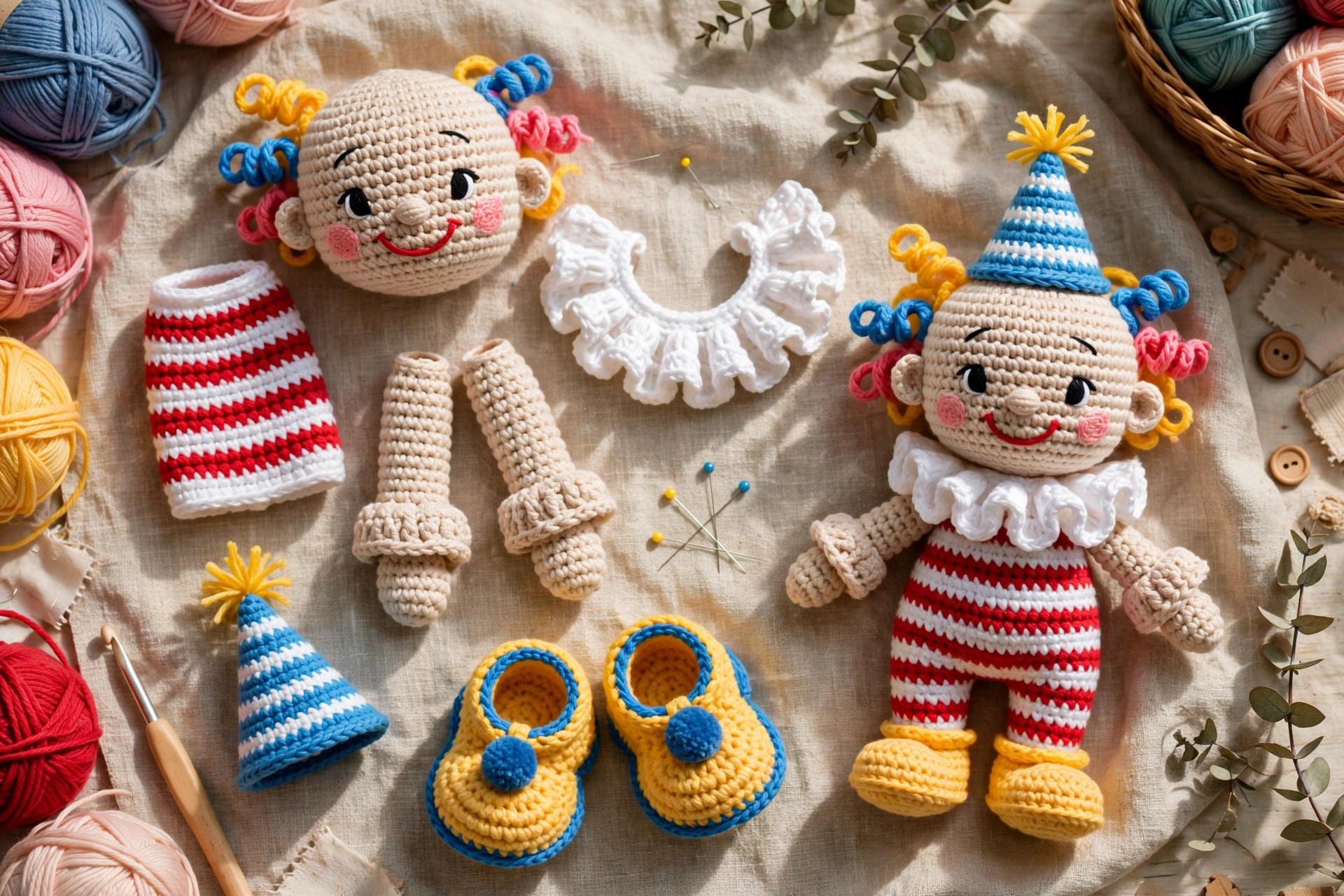 Crochet clown doll pieces laid out for assembly including head, striped body, collar and shoes for this free crochet clown pattern