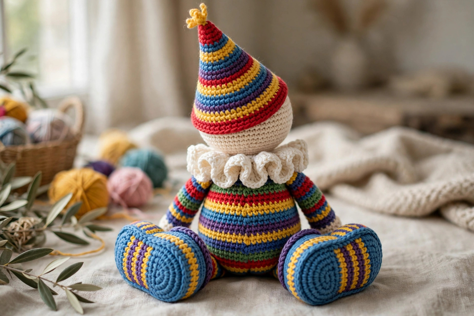 Back view of a crochet clown doll showing striped body, party hat and collar from this free crochet clown pattern