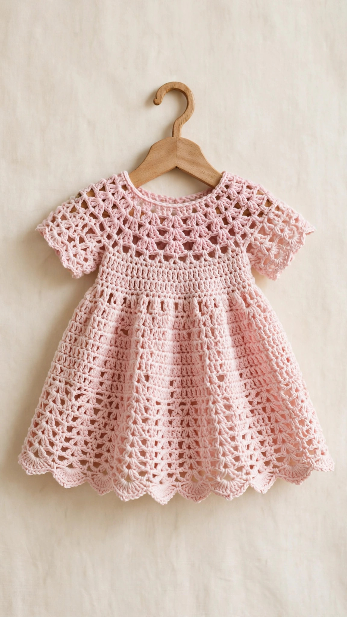 Free crochet frock patterns — soft pink top-down crochet baby dress with flared shell skirt and scalloped hem on a hanger