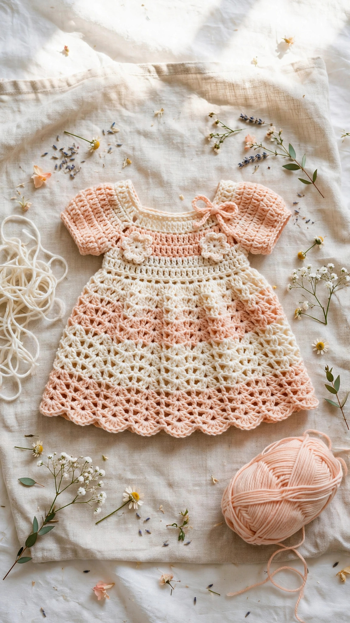 Pinterest-style styled photo of a handmade crochet baby frock in peach and cream with yarn and flowers — free crochet frock patterns