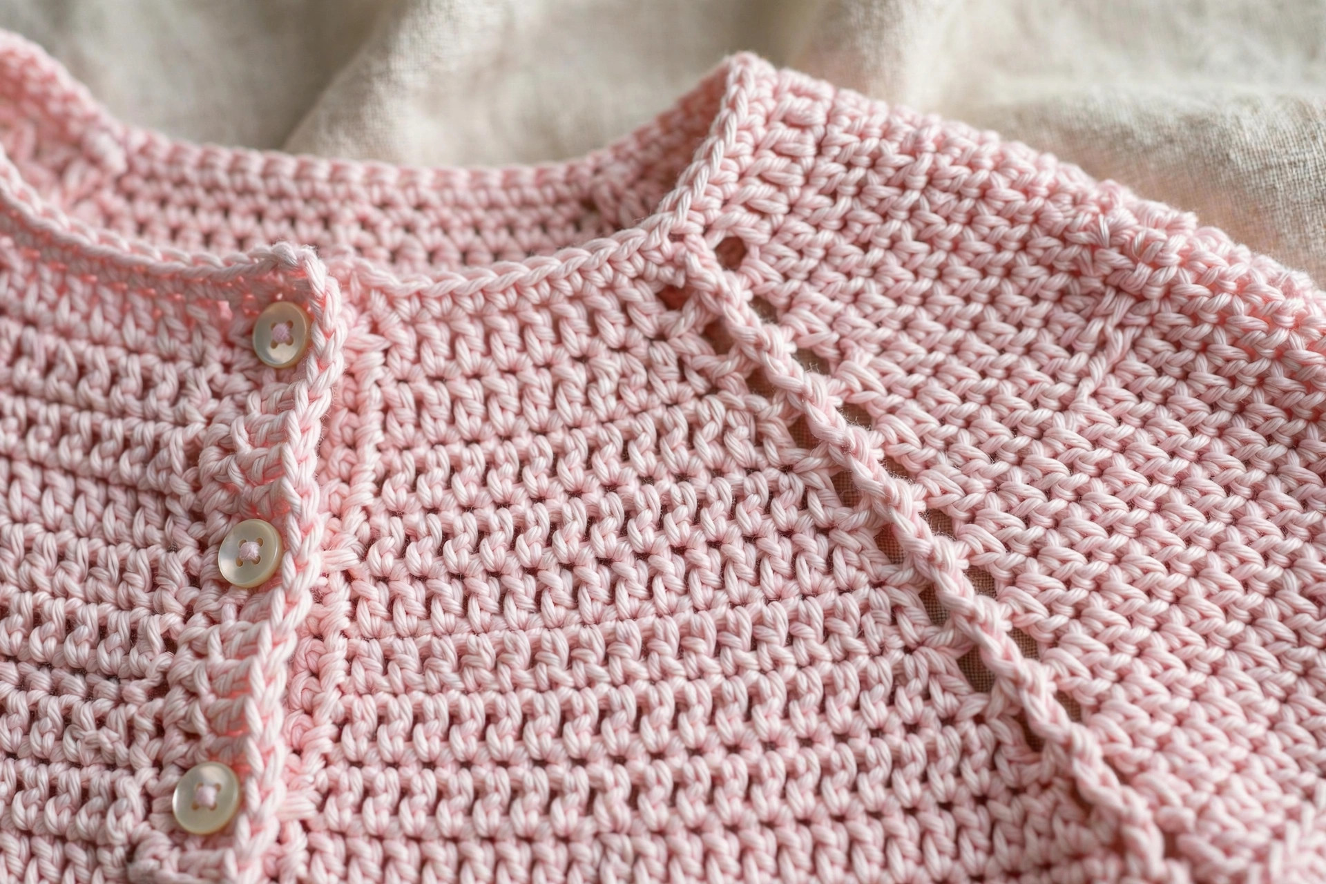 Close-up of a crochet frock yoke showing top-down increases, neat double crochet stitches and button placket