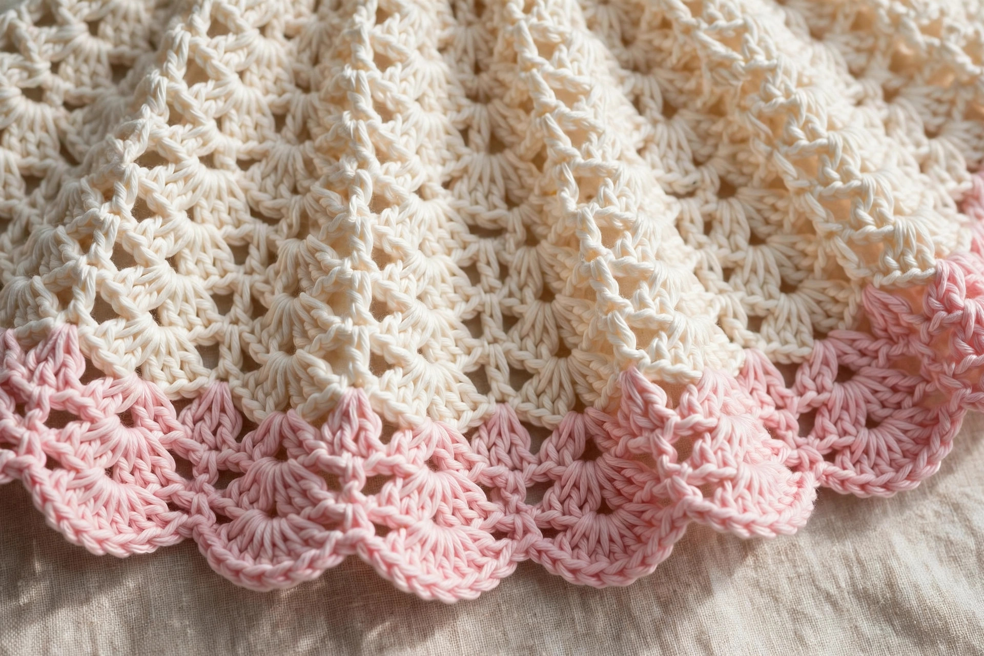 Close-up of a crochet frock skirt showing gentle flare, shell stitches and scalloped hem edging in pink and cream