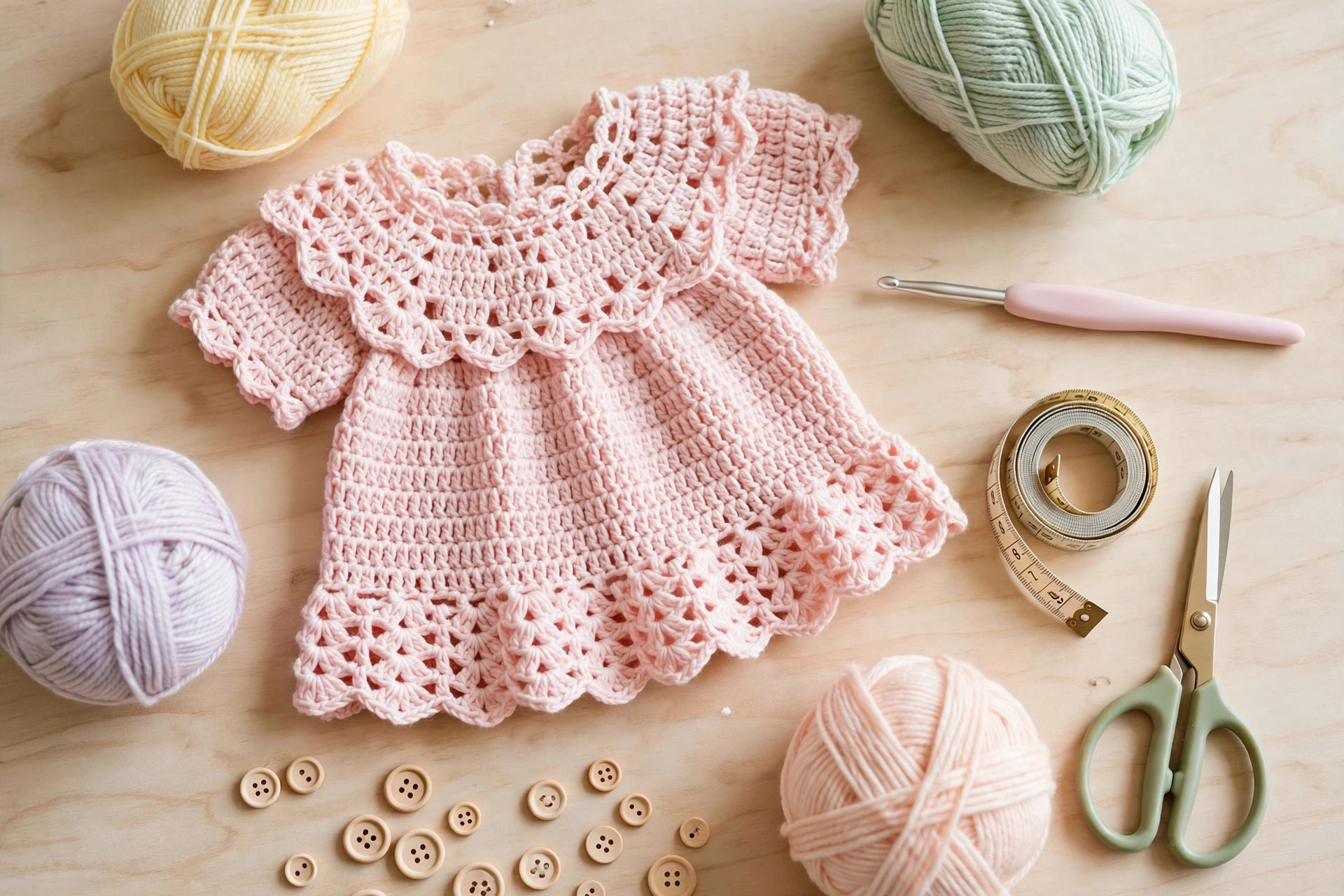 Flat lay of a finished crochet baby frock with pastel yarn balls, crochet hook, buttons and measuring tape