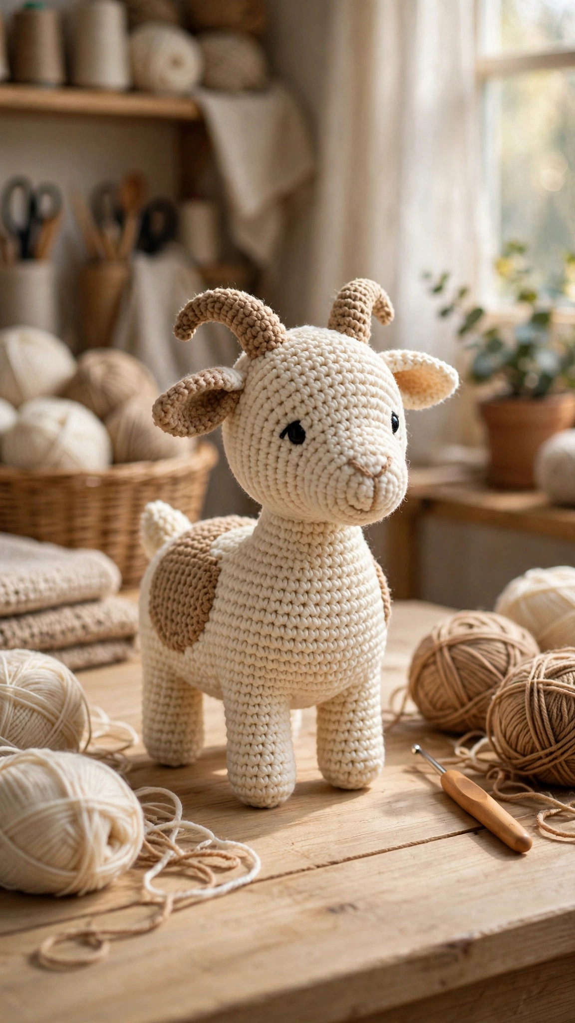 Free crochet goat pattern: a cream crocheted goat amigurumi plush with tan patches and small curved horns