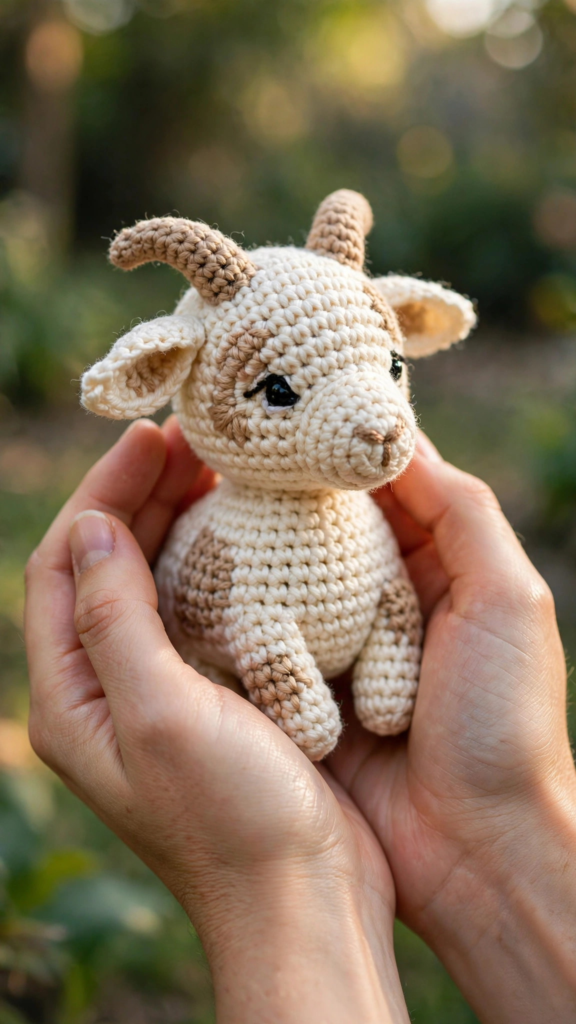 A cream crocheted goat amigurumi plush with tan patches and small curved horns, held in two hands: free crochet goat pattern
