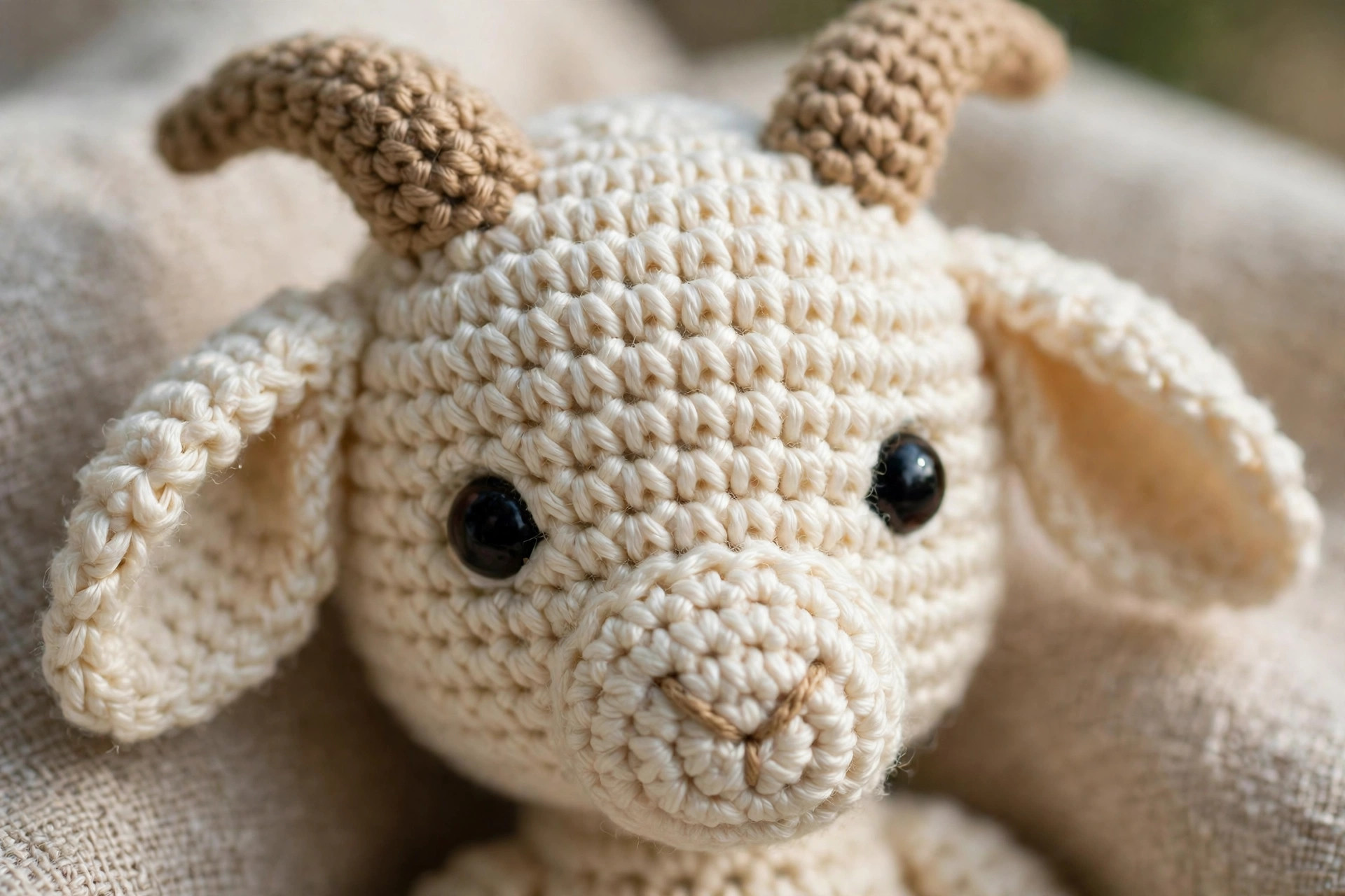 Close-up of a cream crocheted goat face showing small curved tan horns, floppy ears and dark safety eyes