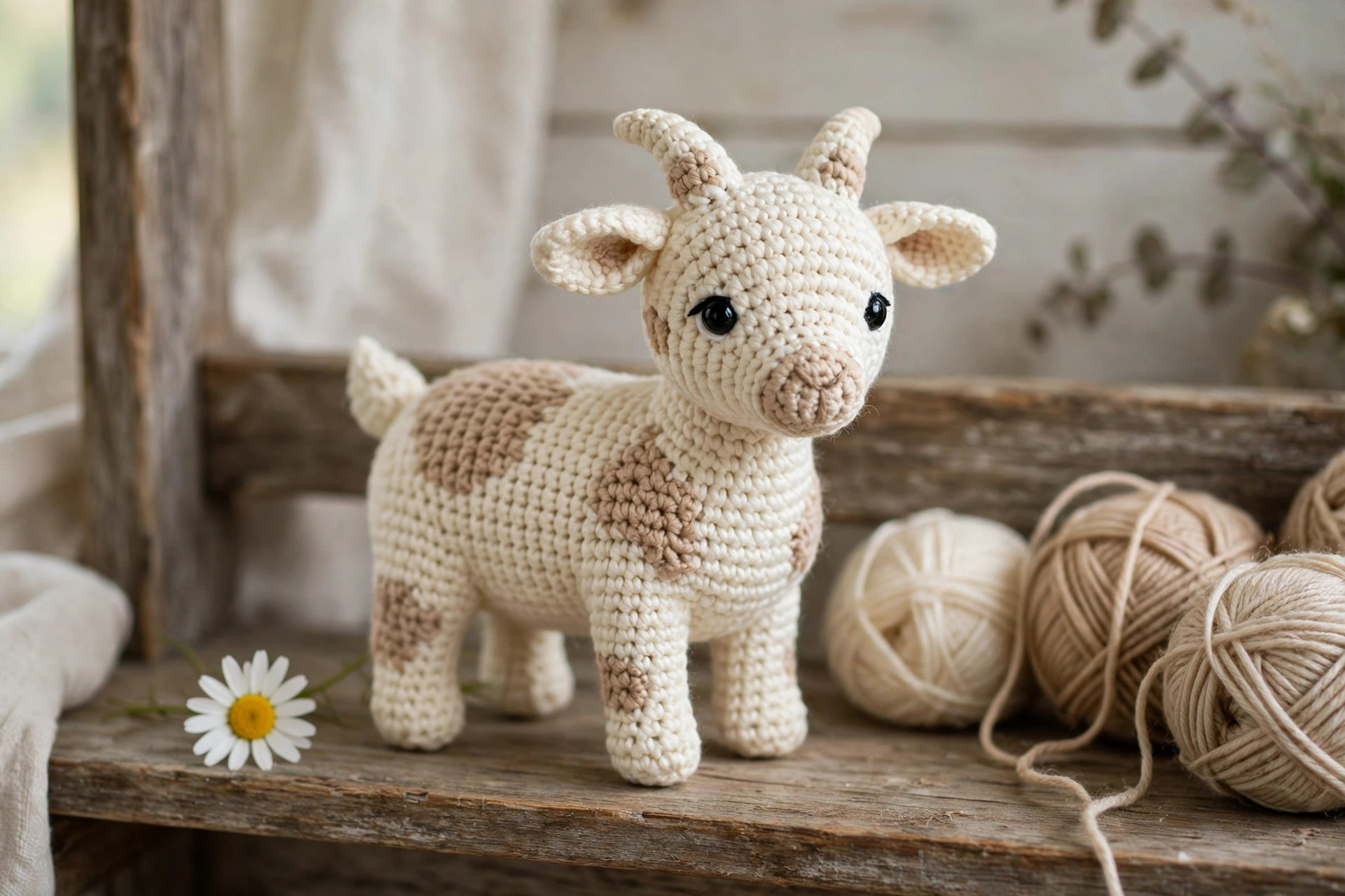 A cream crocheted goat amigurumi standing on a wooden farmhouse shelf with a small daisy and yarn balls beside it
