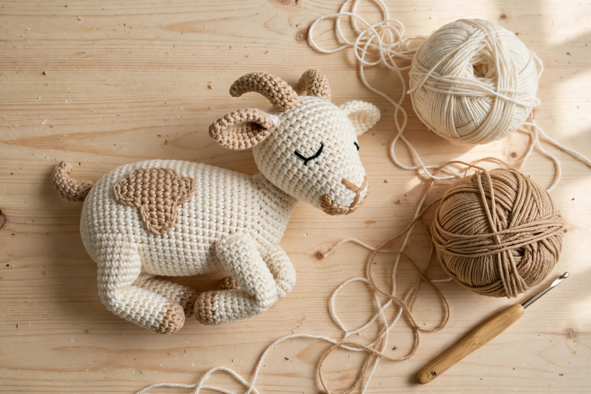 Flat lay of a finished cream crocheted goat with tan patches, beside cream and tan yarn balls and a crochet hook