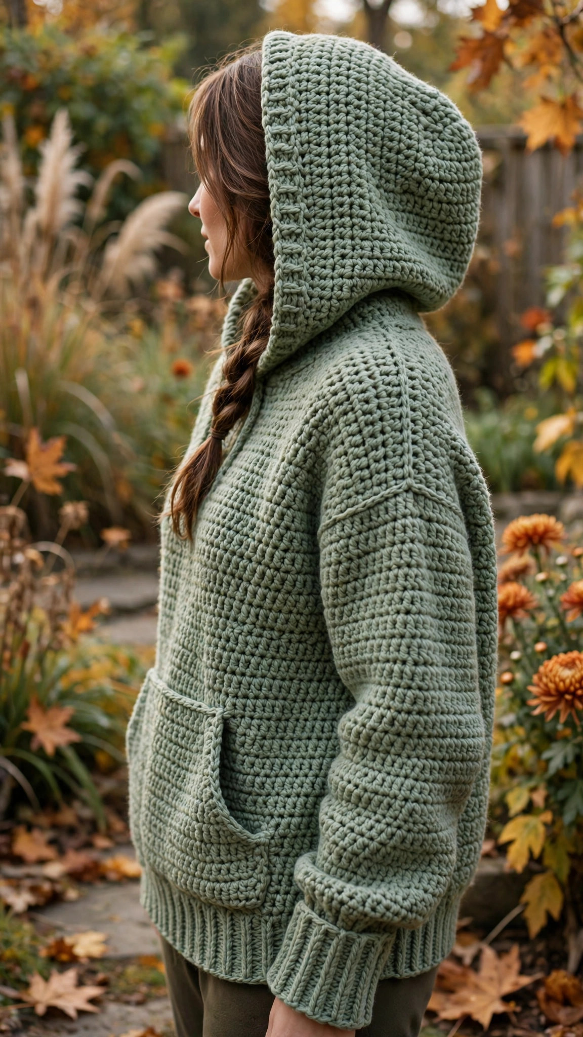 Free crochet hoodie pattern - sage green handmade hoodie with hood up, kangaroo pocket and ribbed cuffs worn in an autumn garden