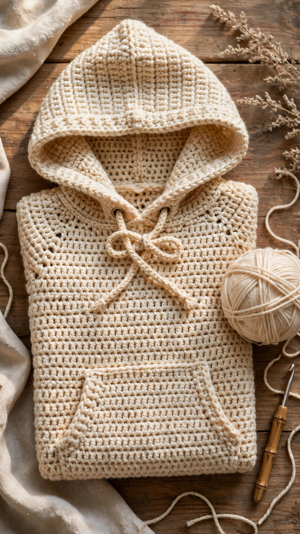 Cream crochet hoodie flat lay with yarn ball, crochet hook, drawstring hood and kangaroo pocket on a wooden table