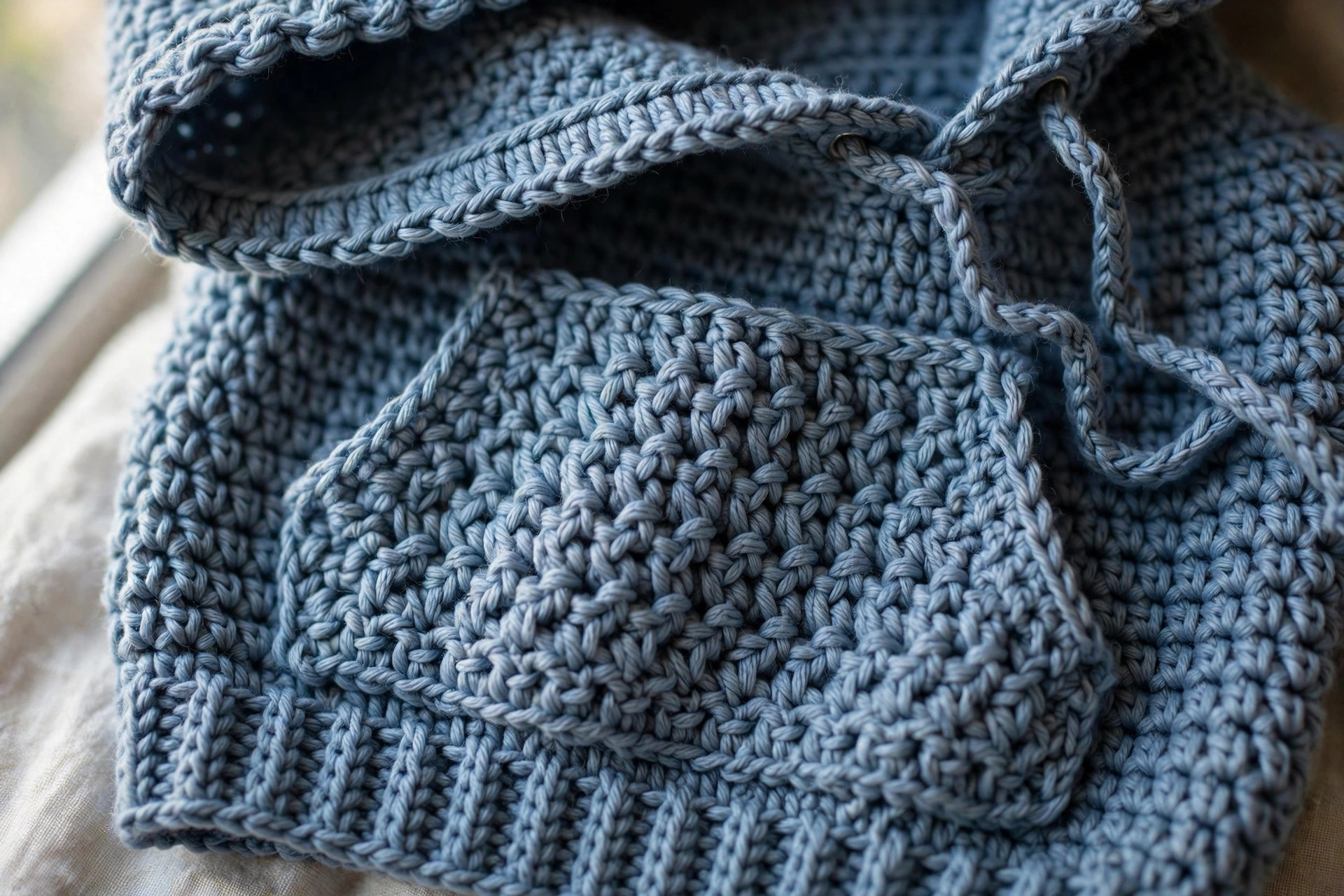 Close-up of a dusty blue crochet hoodie showing hood edge, drawstring, kangaroo pocket stitches and ribbed hem