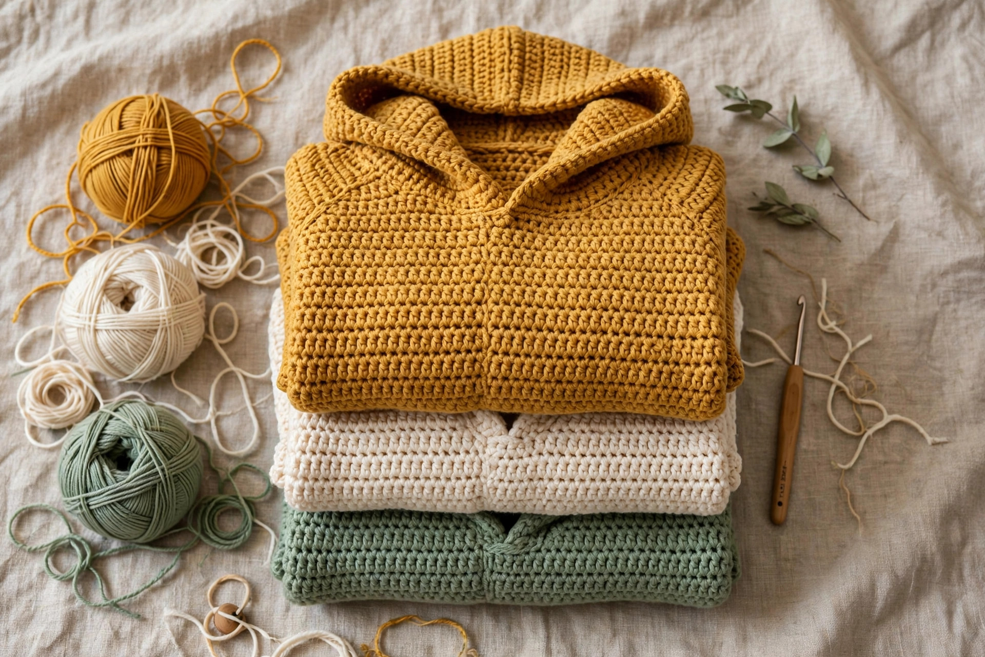 Folded stack of handmade crochet hoodies in mustard, cream and sage with yarn balls and a crochet hook