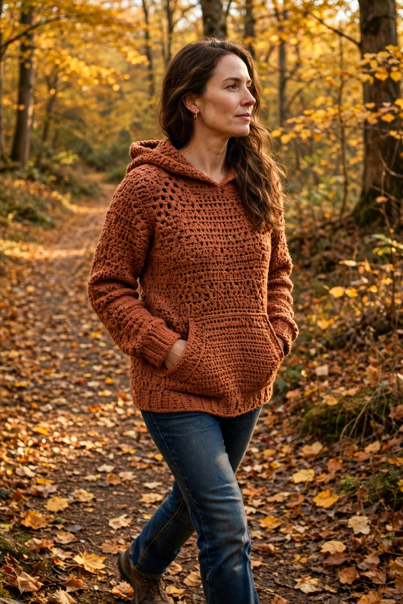 Terracotta crochet hoodie worn outdoors on an autumn woodland path, hands in the kangaroo pocket