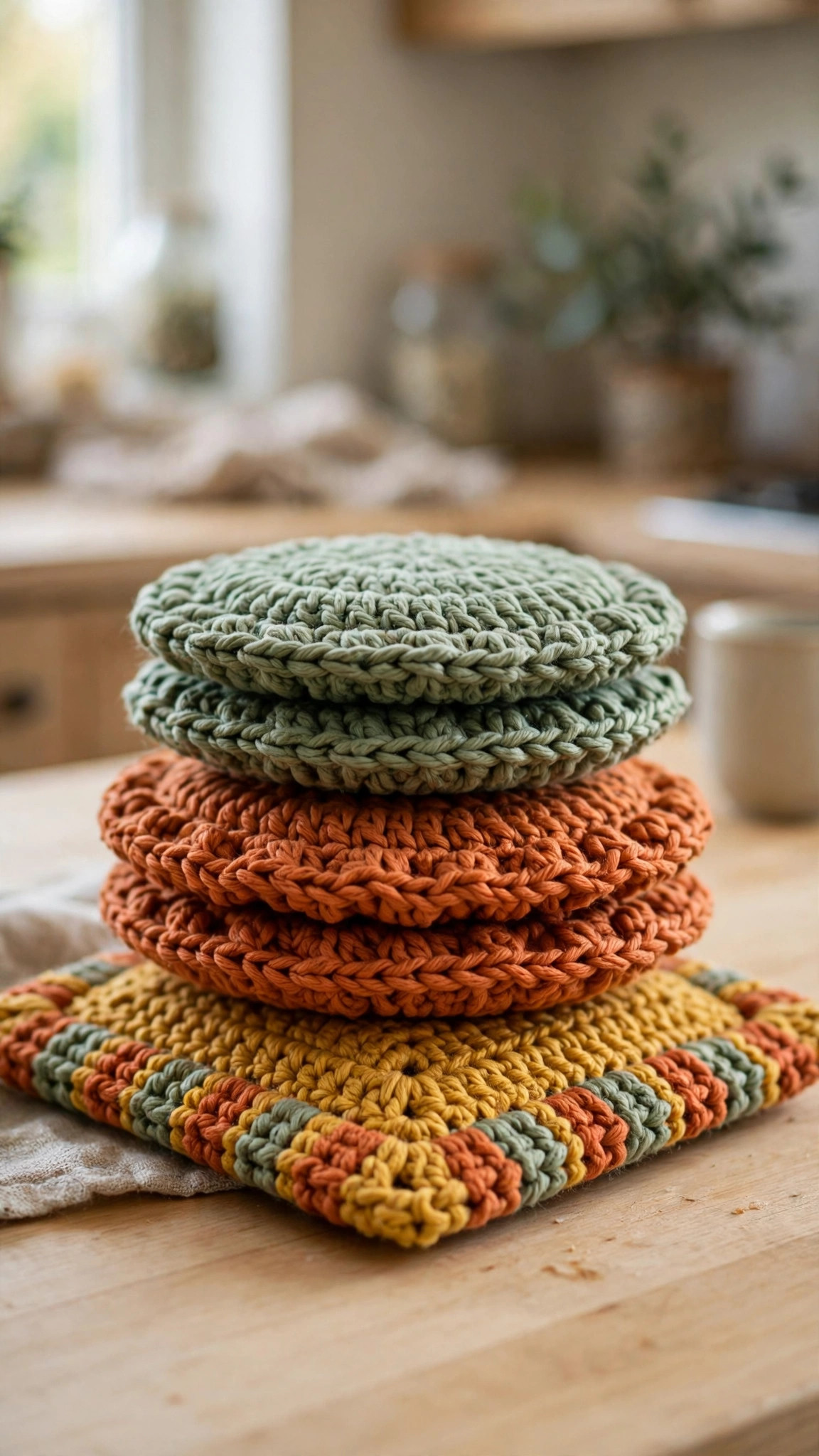 Free crochet hot pad patterns: handmade crocheted hot pads in mustard, terracotta and sage green stacked on a wooden table