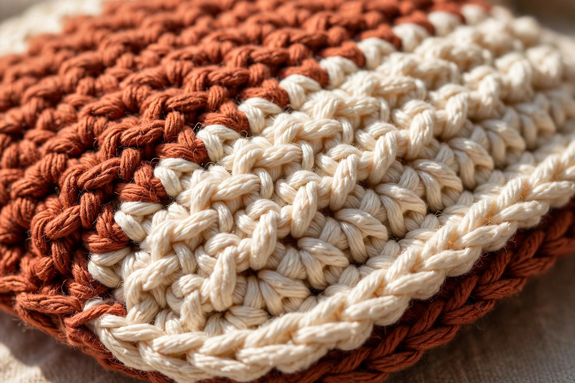 Close-up of thermal stitch texture on a handmade crocheted hot pad, dense double-layered cotton stitches