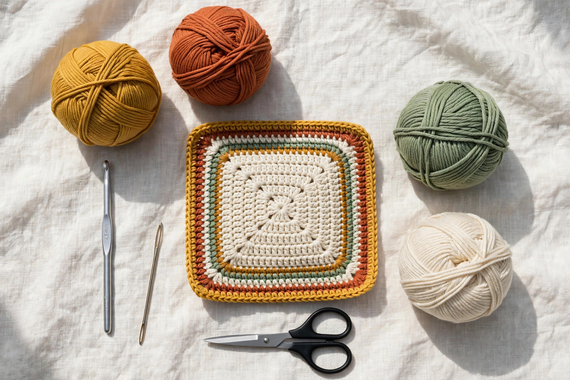 Flat lay of cotton yarn balls, crochet hook, needle and scissors with a finished striped crochet hot pad