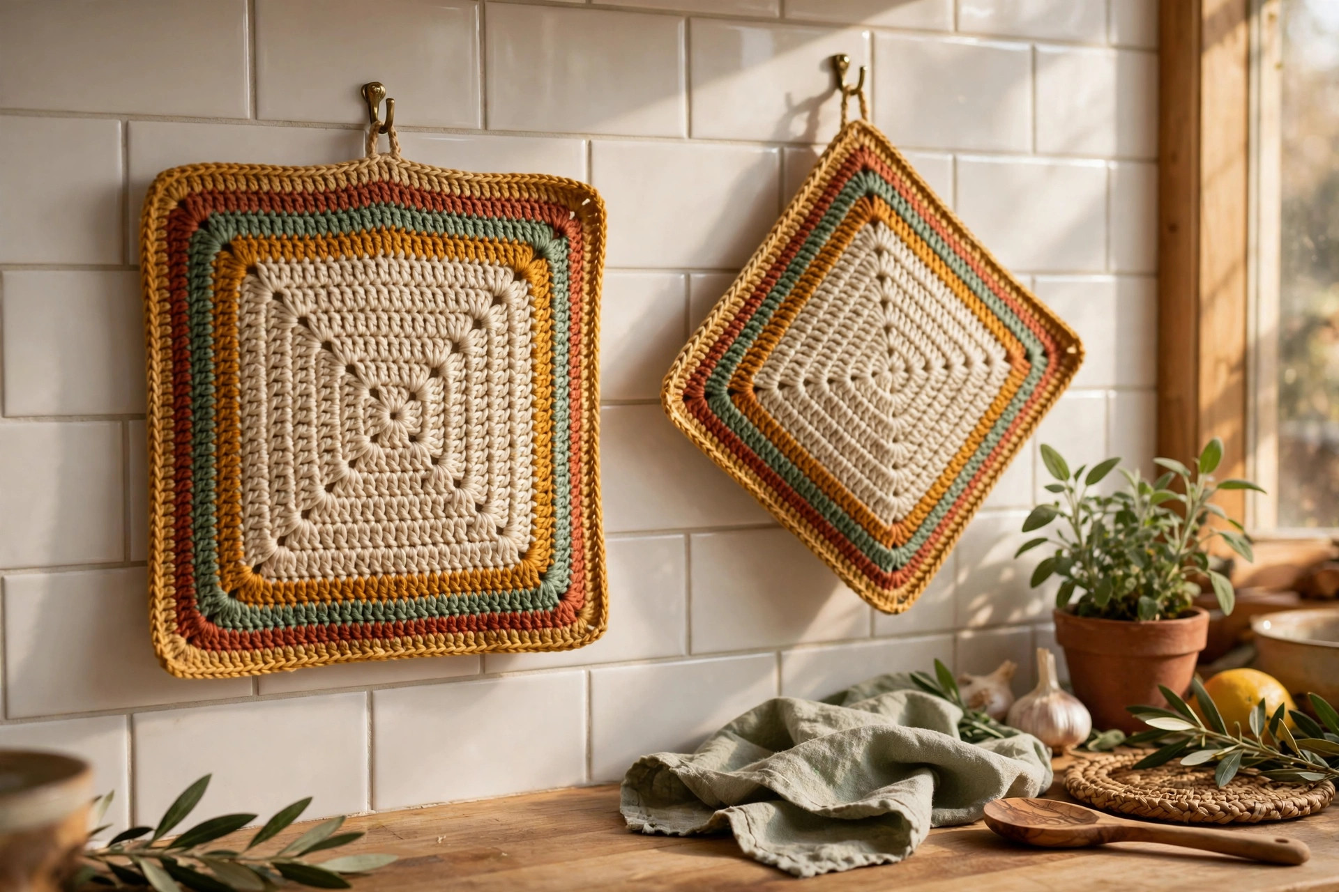 Finished striped crochet hot pads hanging on hooks on a tiled kitchen wall, free crochet hot pad patterns