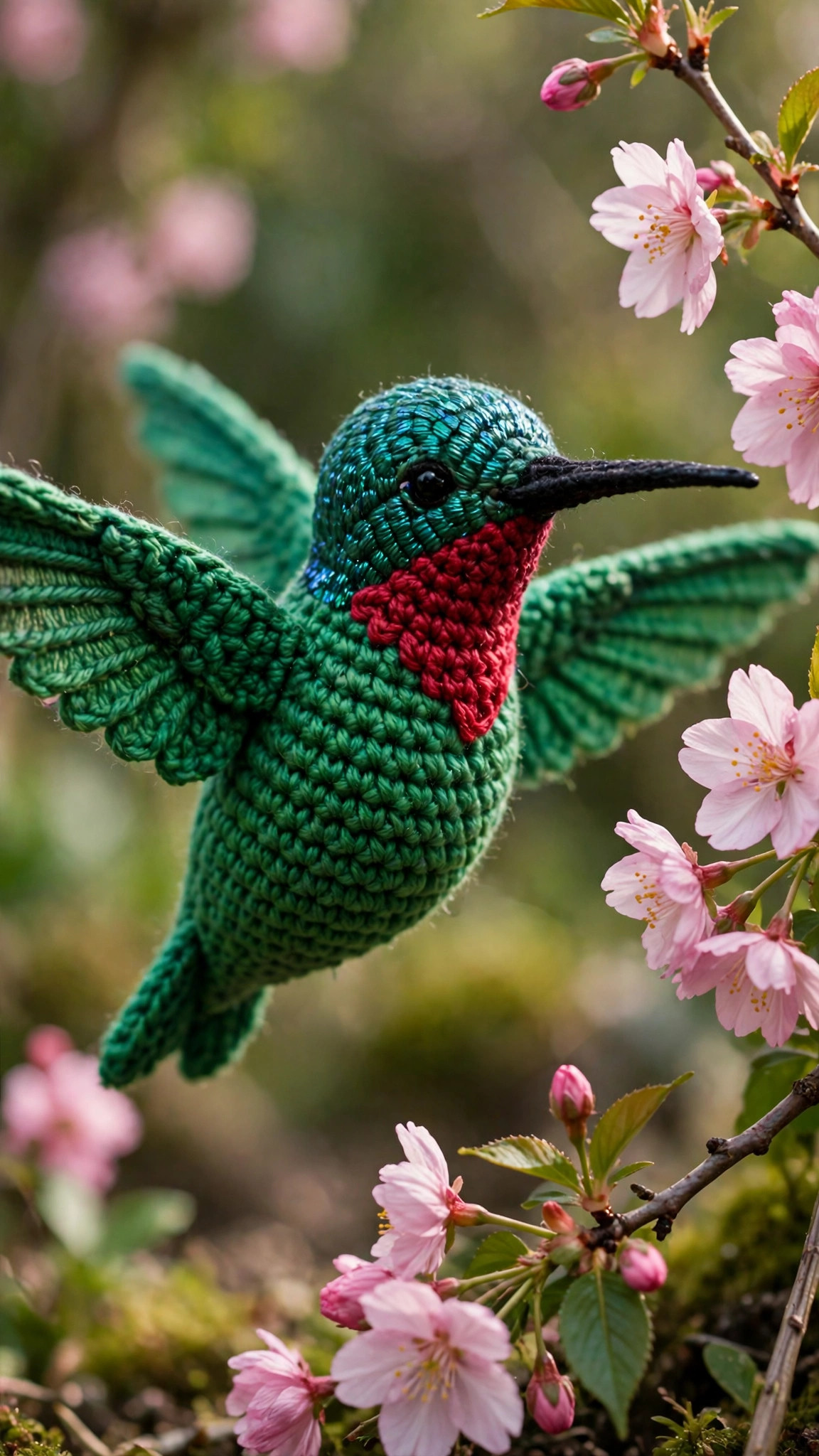 Free crochet hummingbird pattern — tiny emerald green amigurumi hummingbird with iridescent teal head, ruby-red throat and long black beak hovering beside pink flowers