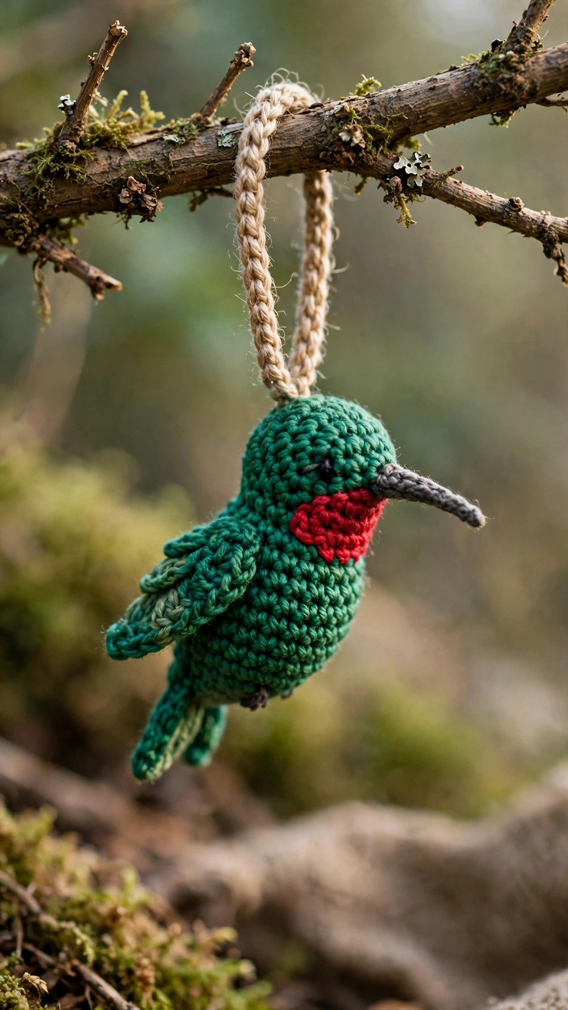 Amigurumi hummingbird with a ruby throat hanging from a branch by its loop, ornament-style