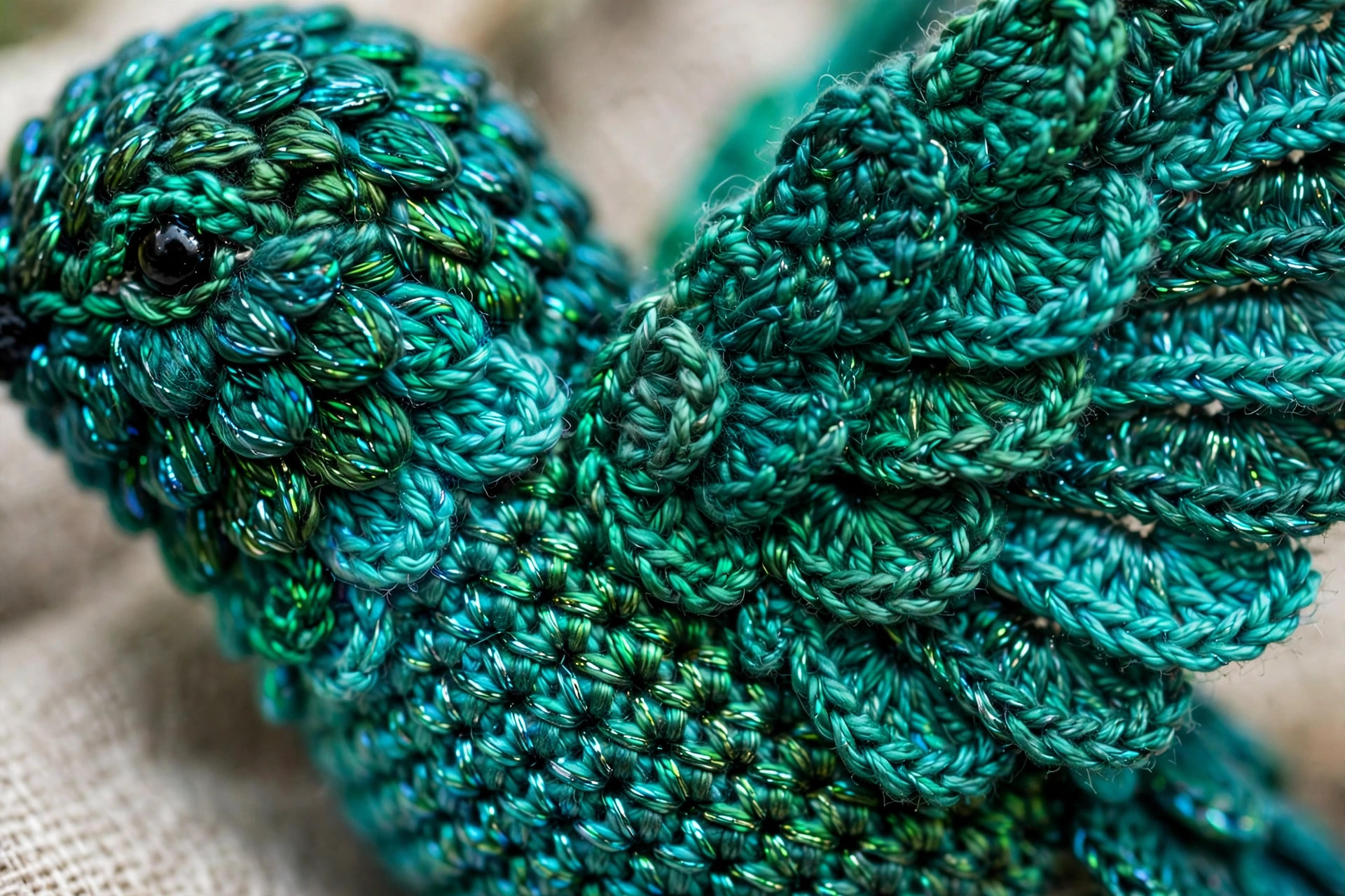 Close-up of a layered crochet hummingbird wing and iridescent teal head stitches in emerald and blue-green yarn