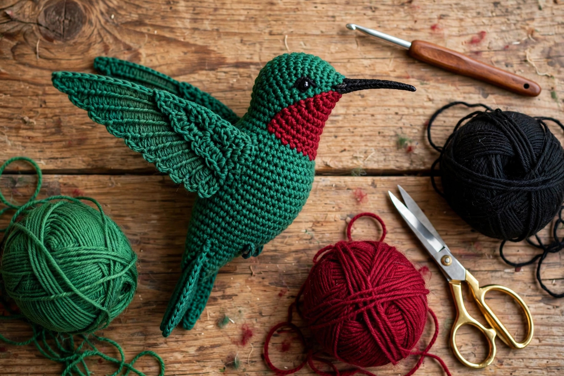 Flat lay of a finished crochet hummingbird with emerald, ruby and black yarn balls, a hook and scissors