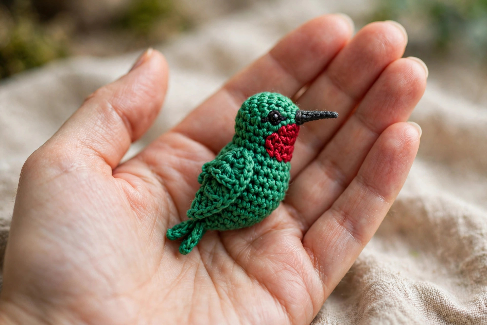 Tiny crochet hummingbird plush held in one open hand, showing its small size