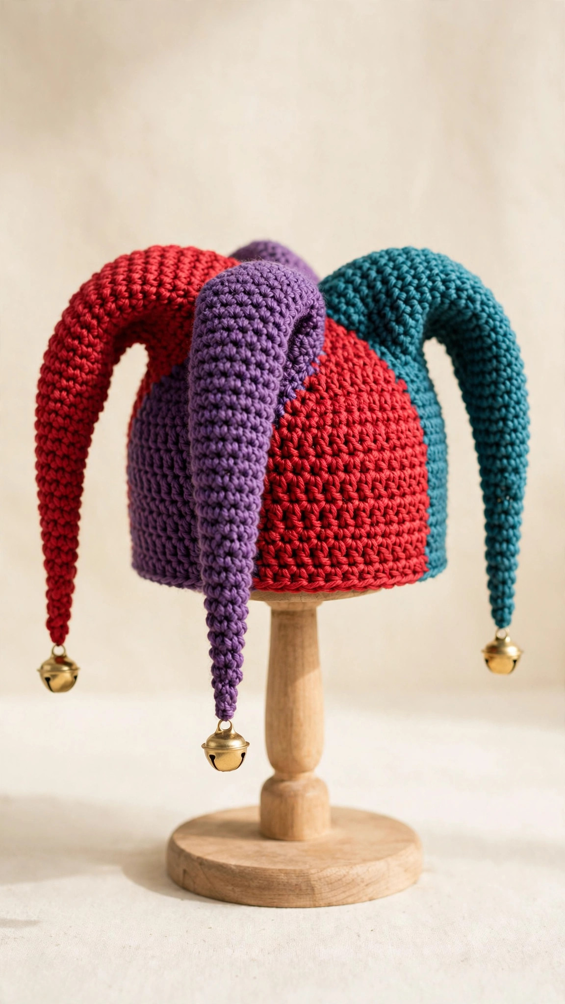 Free crochet jester hat pattern — three-point crochet jester hat with gold jingle bells in red purple and teal on a hat stand