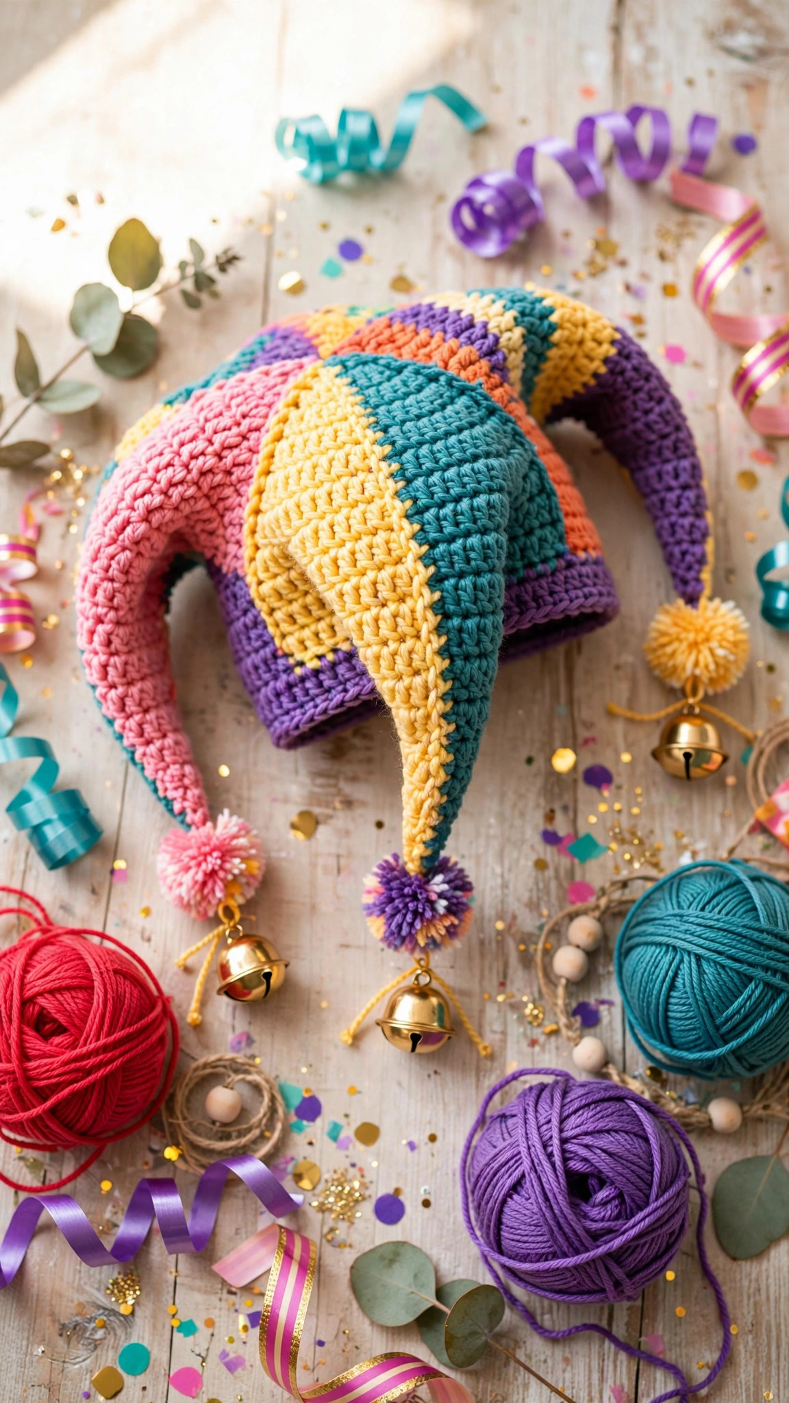 Pinterest-style crochet jester hat with three colourful points gold bells and pompoms styled with yarn and confetti