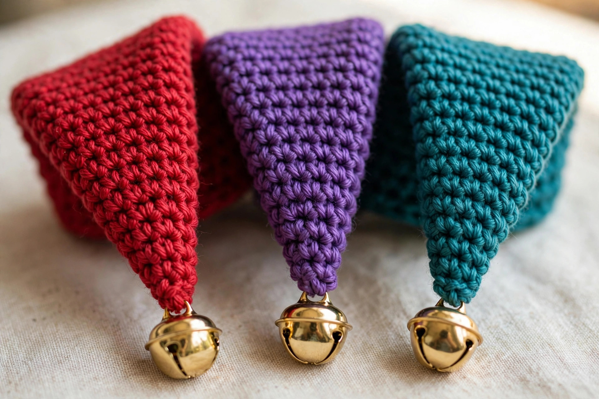 Close-up of crochet jester hat points showing tapered single crochet stitches and shiny gold jingle bells