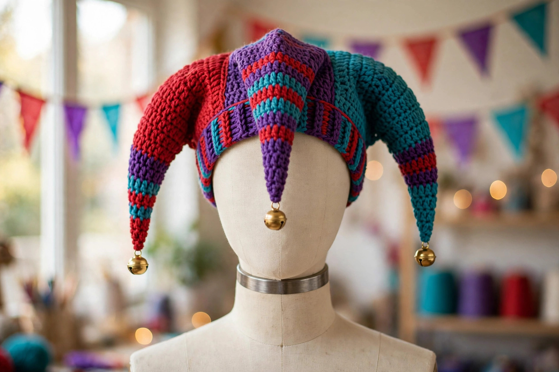 Crochet jester hat worn on a mannequin head with carnival bunting showing the fitted crown and three swinging points