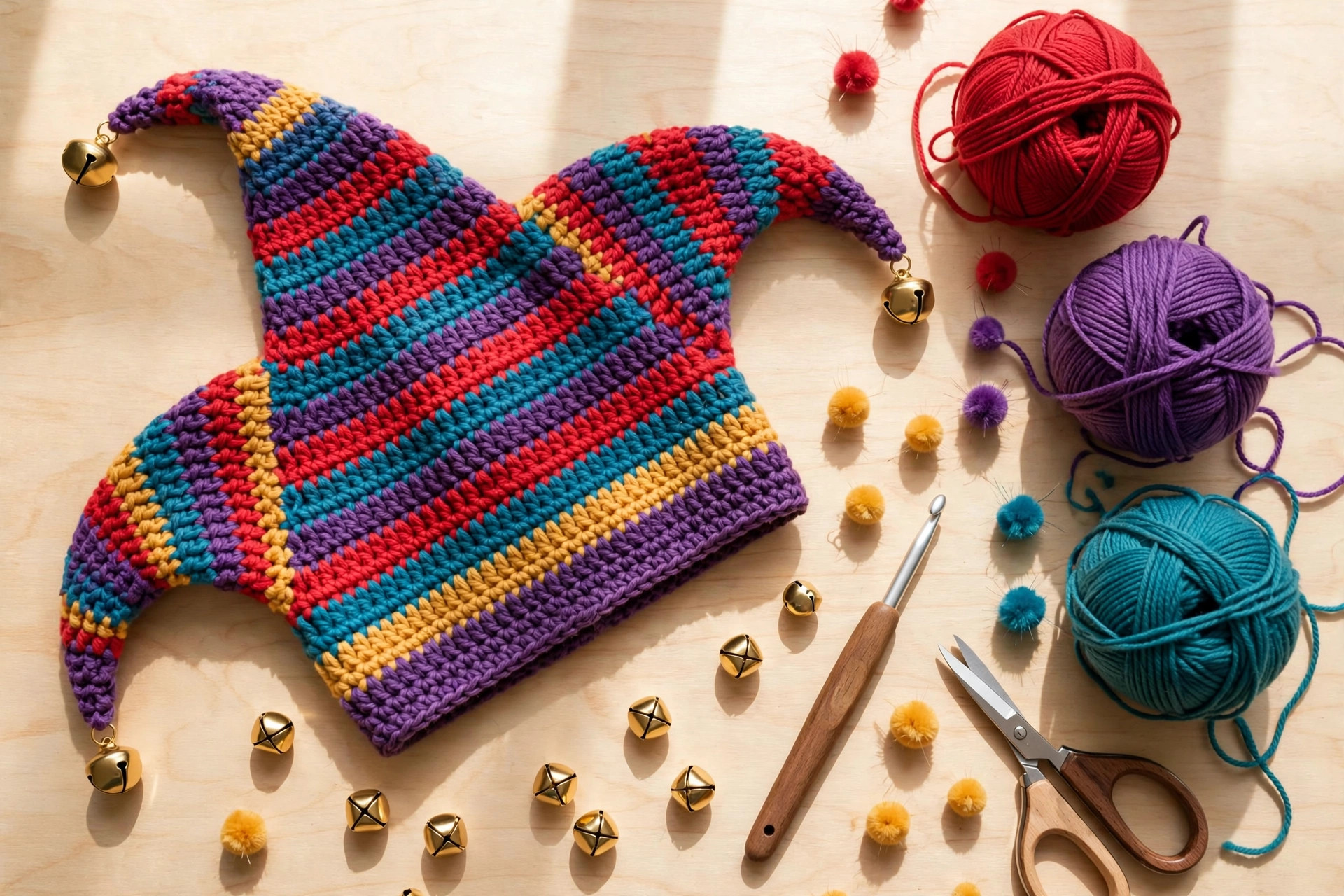 Flat lay of a finished crochet jester hat with yarn balls in red purple and teal a crochet hook bells and pompoms