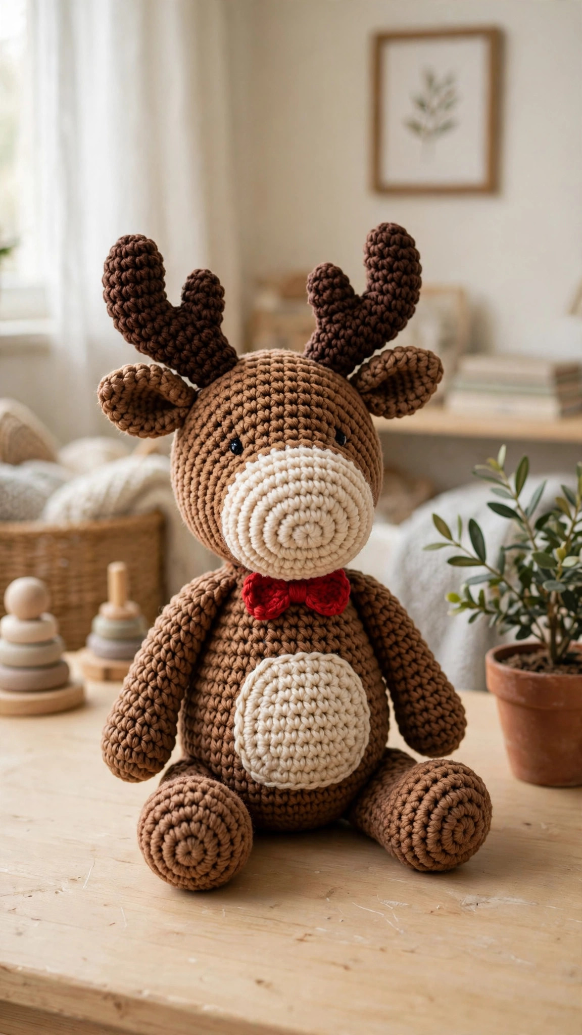 Free crochet moose pattern — crochet moose amigurumi with brown body, cream muzzle, dark brown antlers and a red bow tie