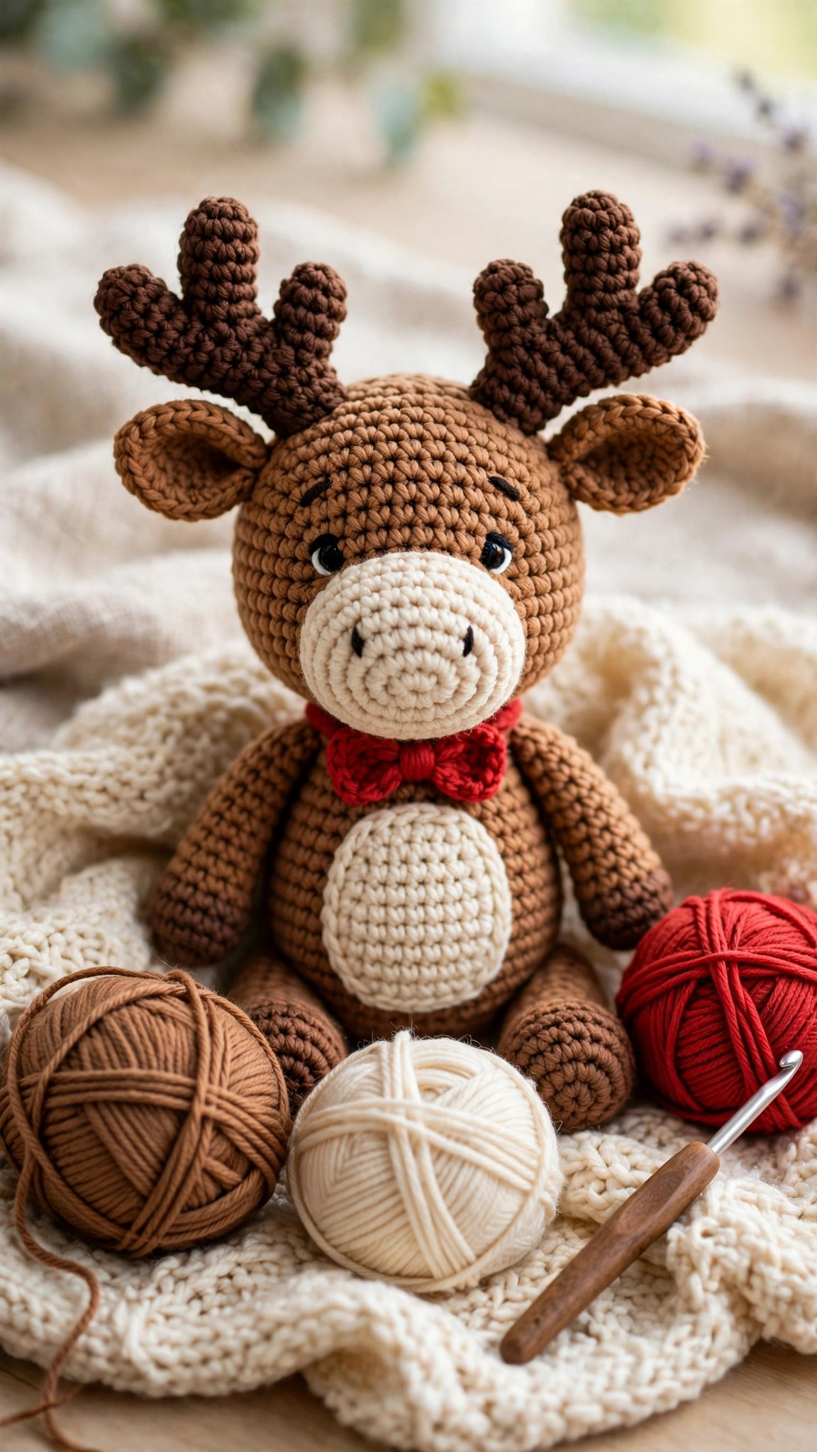 Cute crochet moose amigurumi with brown body, cream muzzle, dark brown antlers and a red bow tie, sitting on a wooden table — free crochet moose pattern
