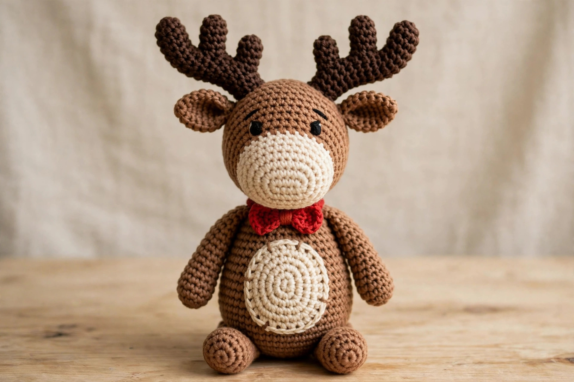 Front view of a crochet moose amigurumi with cream belly patch, black eyes, dark brown antlers and a red bow tie