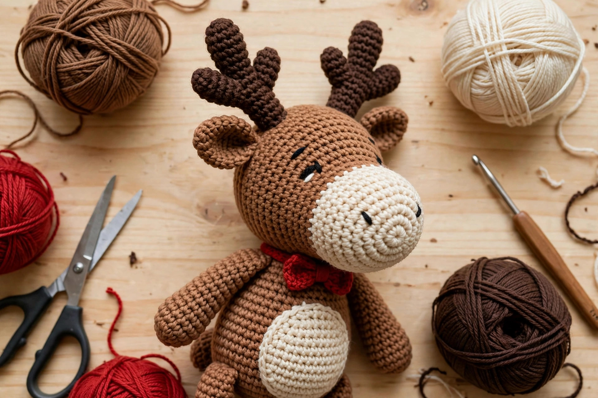 Flat lay of a finished crochet moose with yarn balls, a crochet hook and the red bow tie beside him
