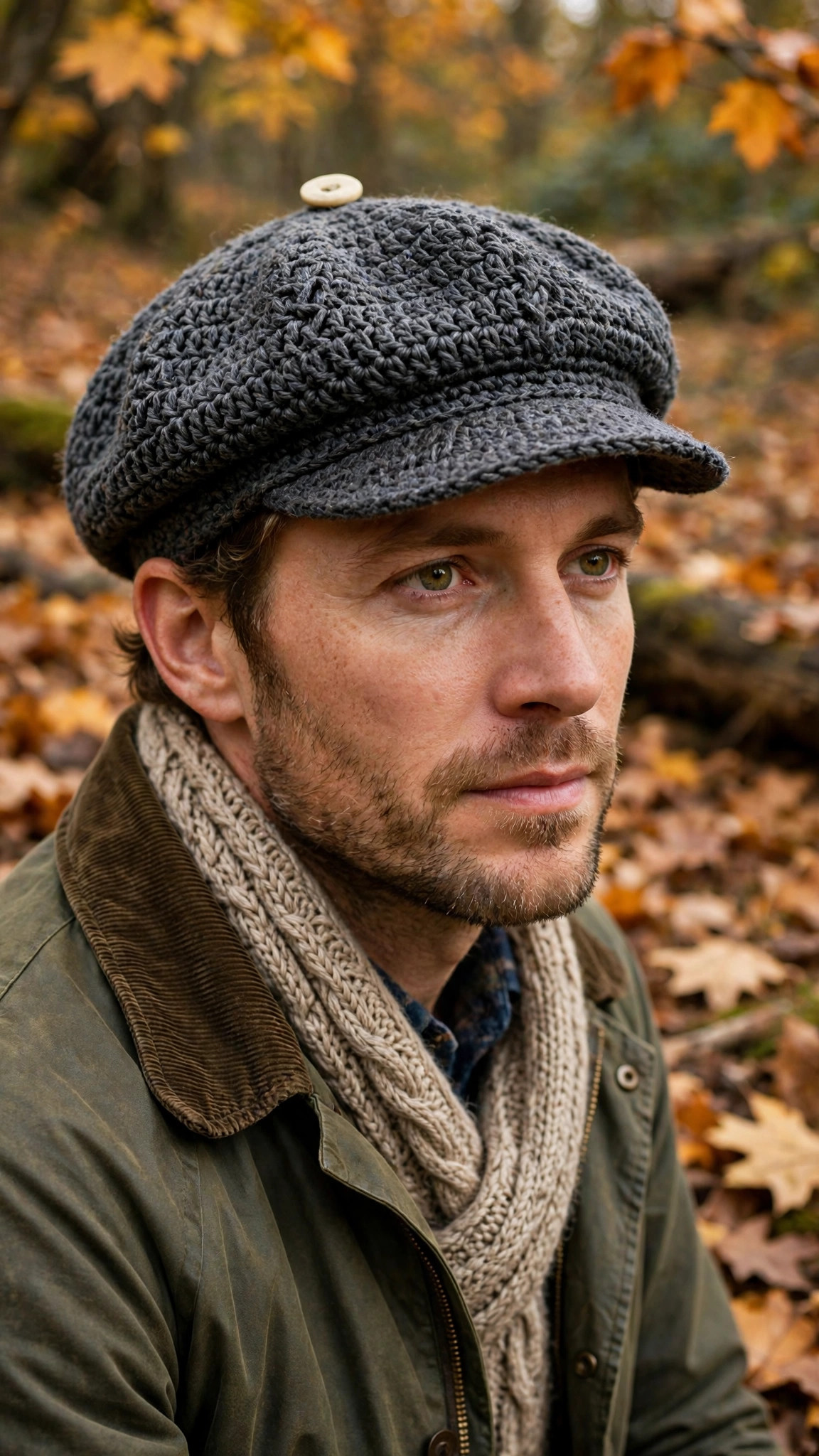 Free crochet pattern for newsboy hat — man wearing a charcoal tweed crochet newsboy hat with cream button and short brim outdoors in autumn