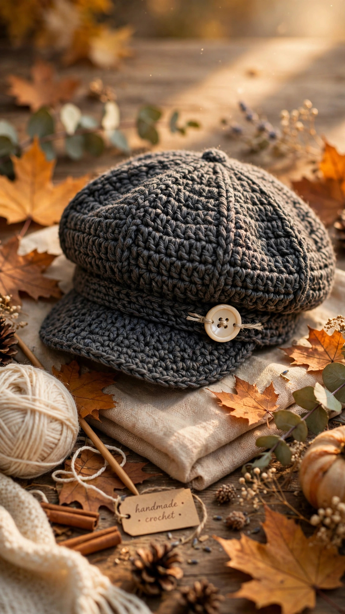 Charcoal tweed crochet newsboy hat with cream button and short brim, a man wearing it outdoors in autumn — free crochet pattern for newsboy hat