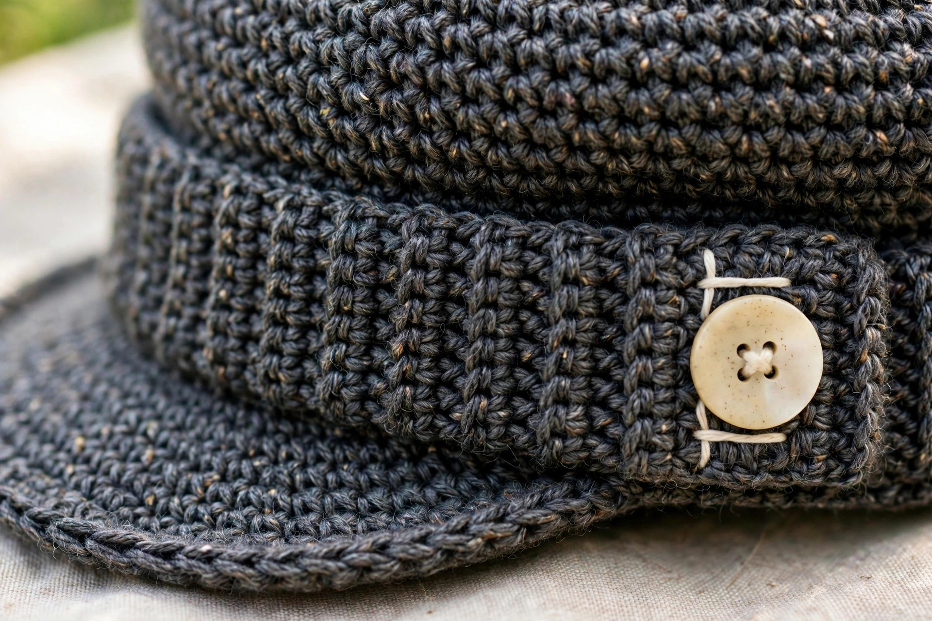 Close-up of charcoal tweed crochet fabric with ribbed band and cream button on a newsboy hat