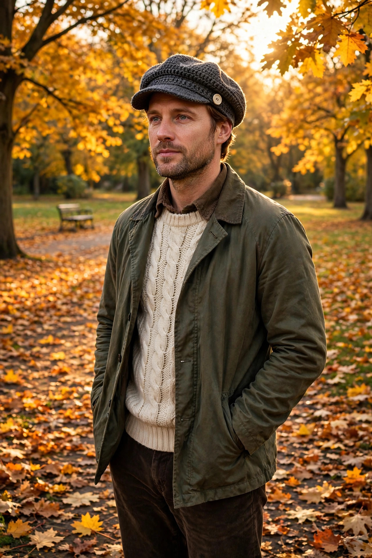 Man wearing a charcoal tweed crochet newsboy hat with cream button, standing in an autumn park with fallen leaves