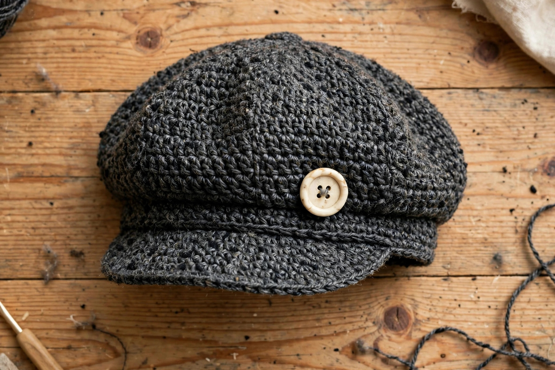 Flat lay of the finished charcoal tweed crochet newsboy hat with cream button and short brim, on a wooden table — free crochet pattern for newsboy hat