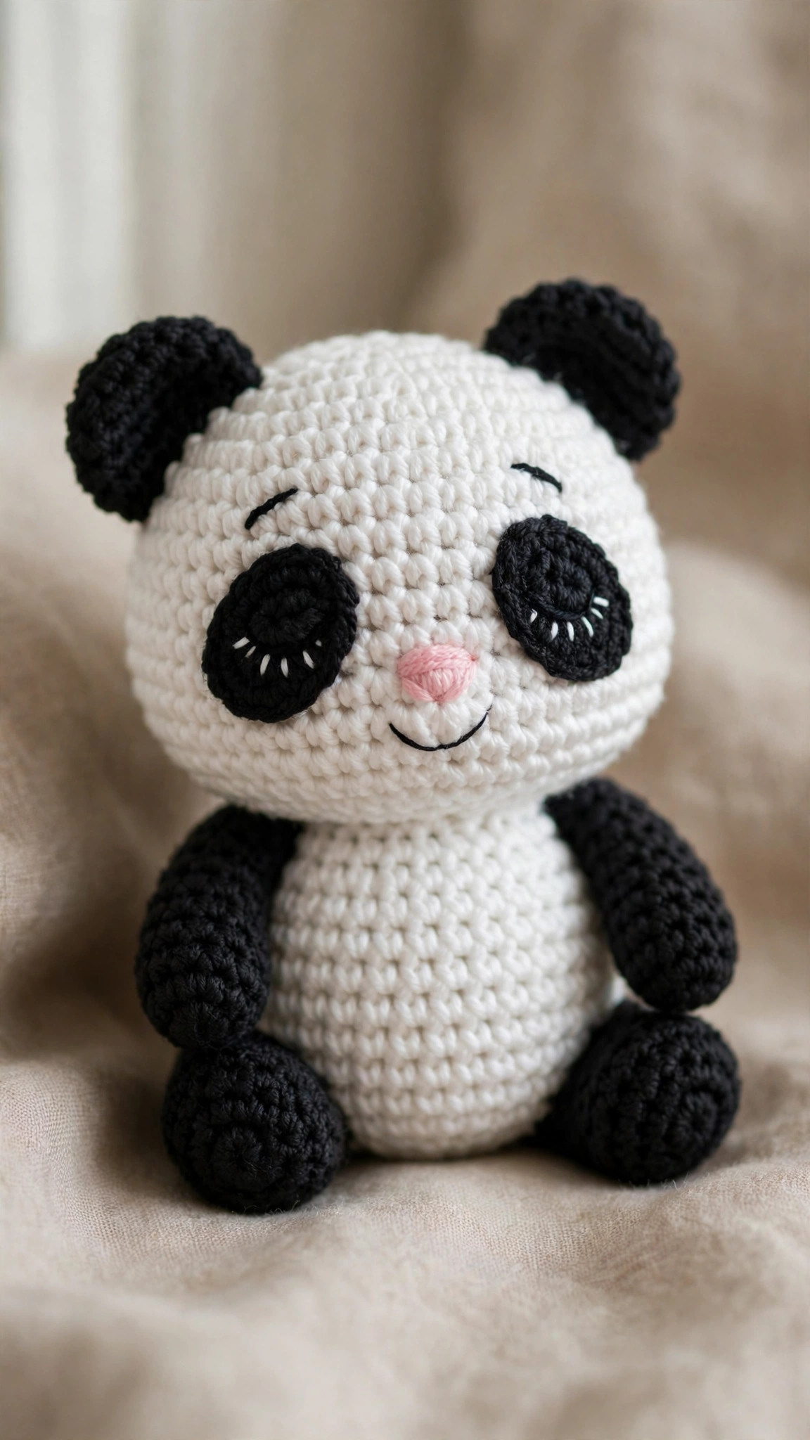 Free crochet panda pattern: handmade crocheted amigurumi panda with black eye patches and ears