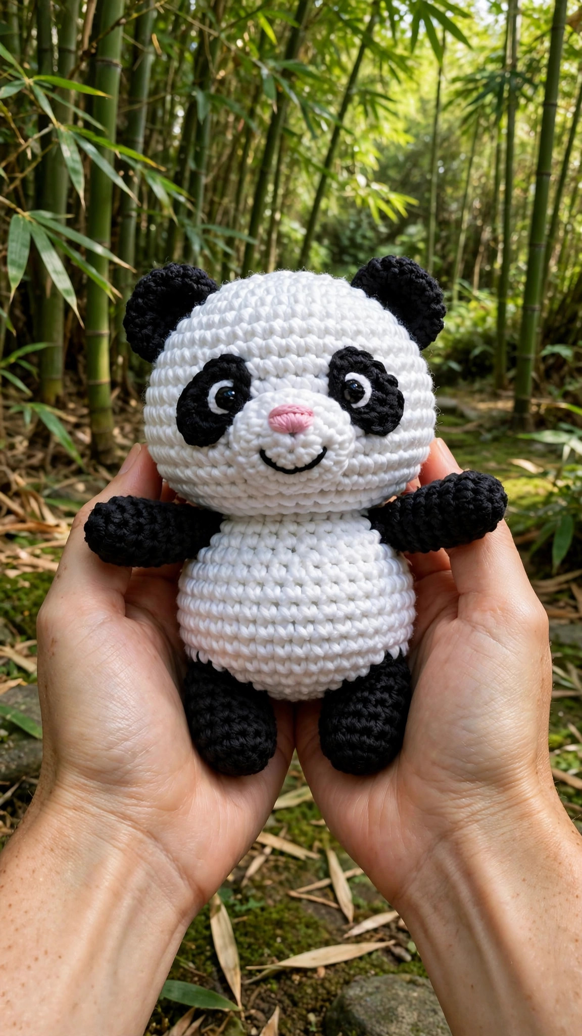 A handmade crocheted amigurumi panda held in two hands outdoors in a bamboo garden, free crochet panda pattern
