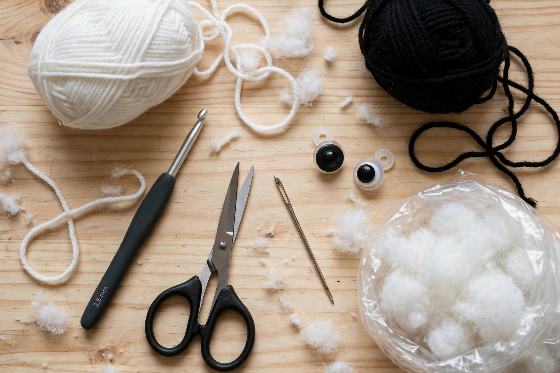 Flat lay of white and black yarn balls, a 3.5 mm crochet hook, safety eyes, tapestry needle, scissors and fiberfill for the free crochet panda pattern