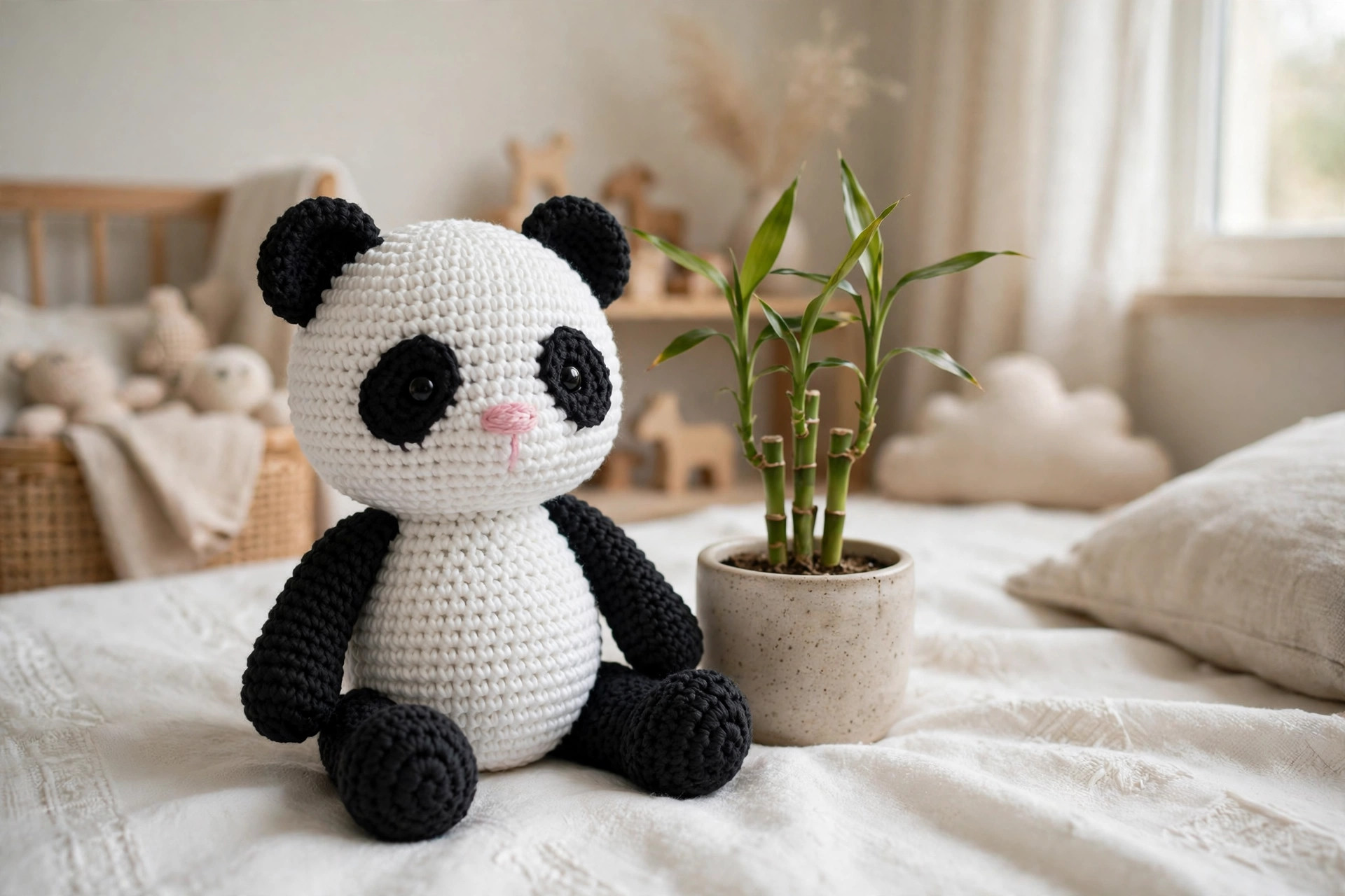 A finished handmade crocheted amigurumi panda sitting on a white nursery blanket next to a small bamboo plant, styled for a nursery, free crochet panda pattern