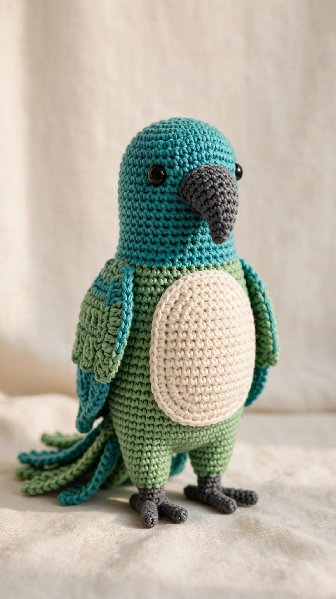 Free crochet parrot pattern — tropical amigurumi bird with teal head, green color-blocked body, cream belly panel, curved grey beak and layered tail feathers